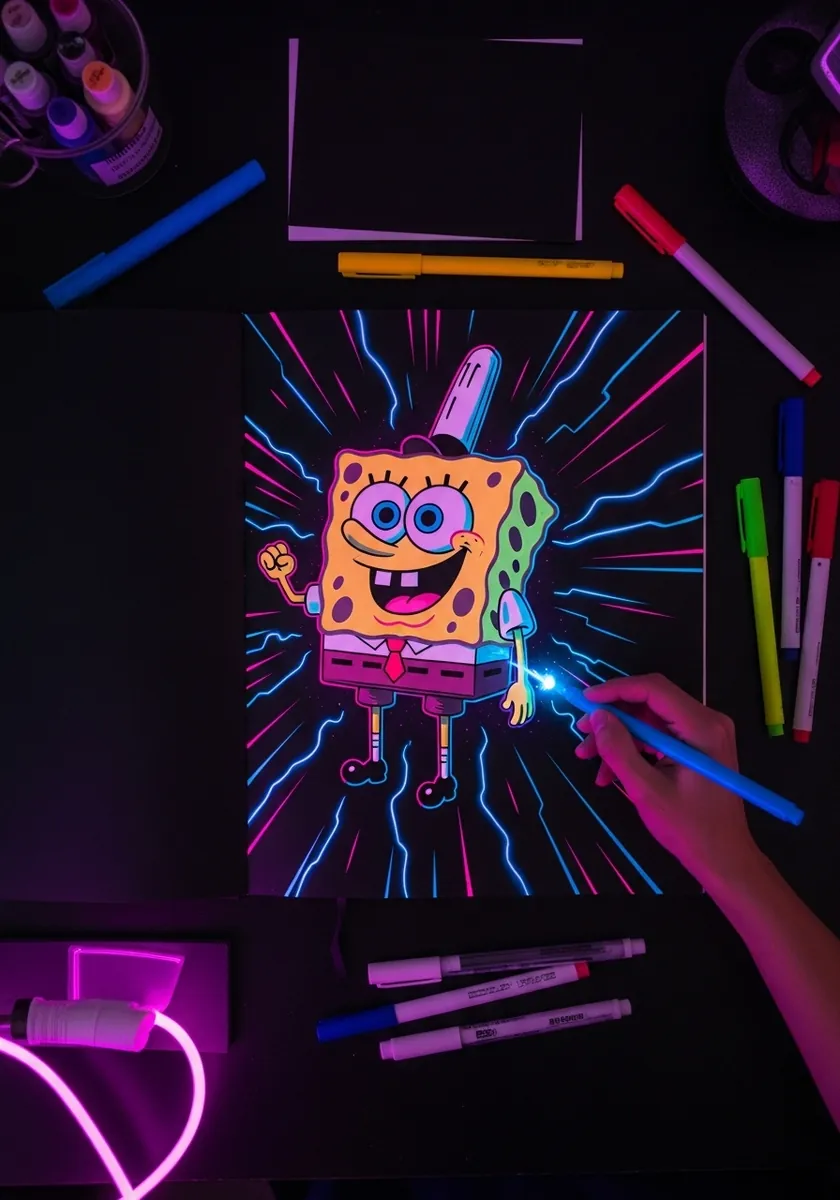 SpongeBob drawn in glowing neon marker on black paper under an ultraviolet blacklight