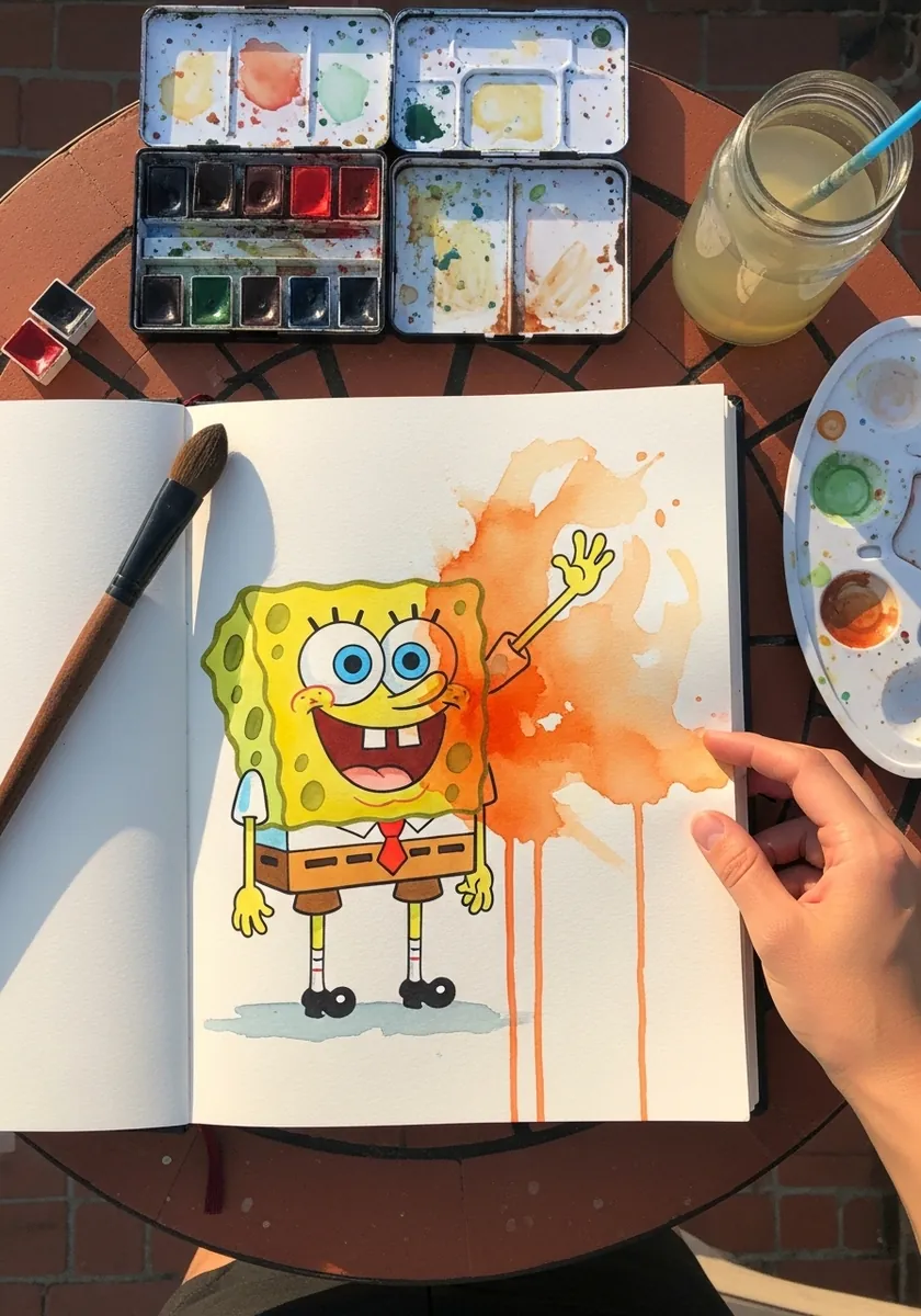SpongeBob painted in watercolor with orange pigment running down the page in vertical drips