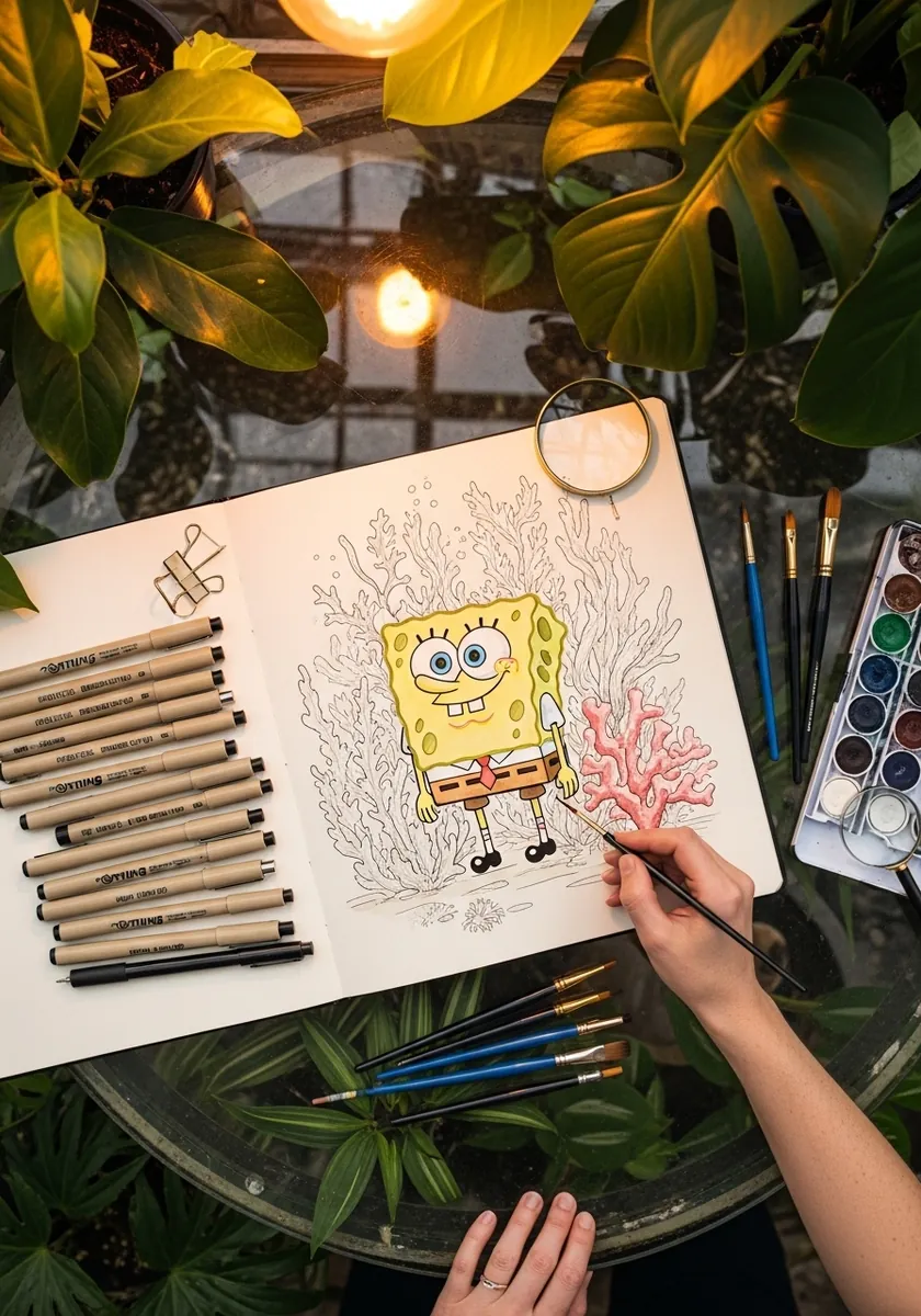 Pencil drawing of SpongeBob surrounded by drawn plants on a table under hanging greenery