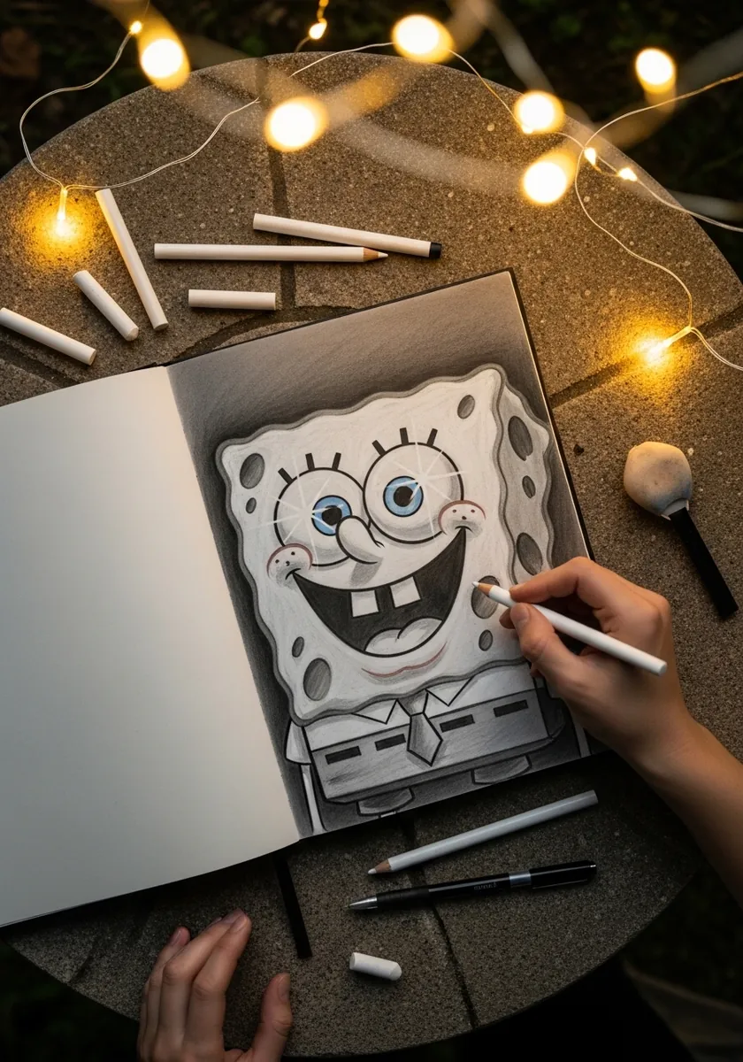 Graphite drawing of SpongeBob on gray toned paper lit by warm string lights around the desk