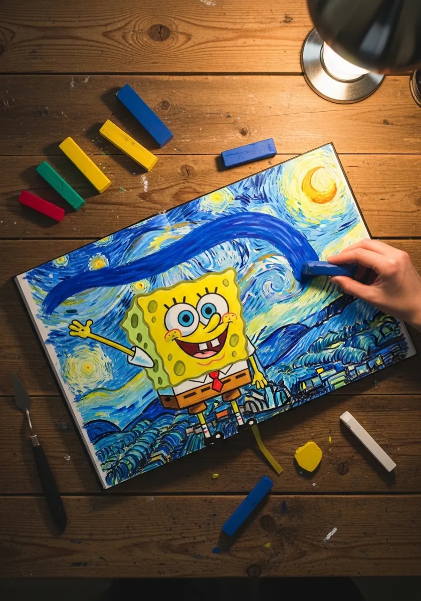 SpongeBob painted in oil pastel over a swirling blue starry night style background
