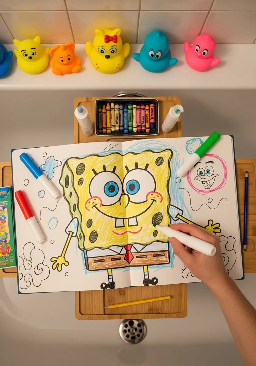 Colorful marker drawing of SpongeBob on a board across a bathtub with rubber ducks nearby