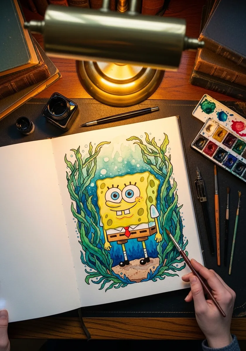 SpongeBob painted in ink and watercolor framed by tall green seaweed strands on both sides
