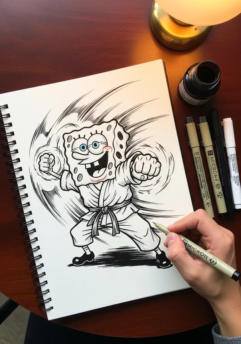Black ink drawing of SpongeBob in a karate stance with speed lines on spiral bound paper