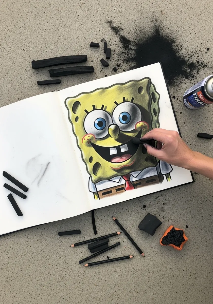 SpongeBob drawn in color with charcoal sticks and dust scattered on a gray work surface