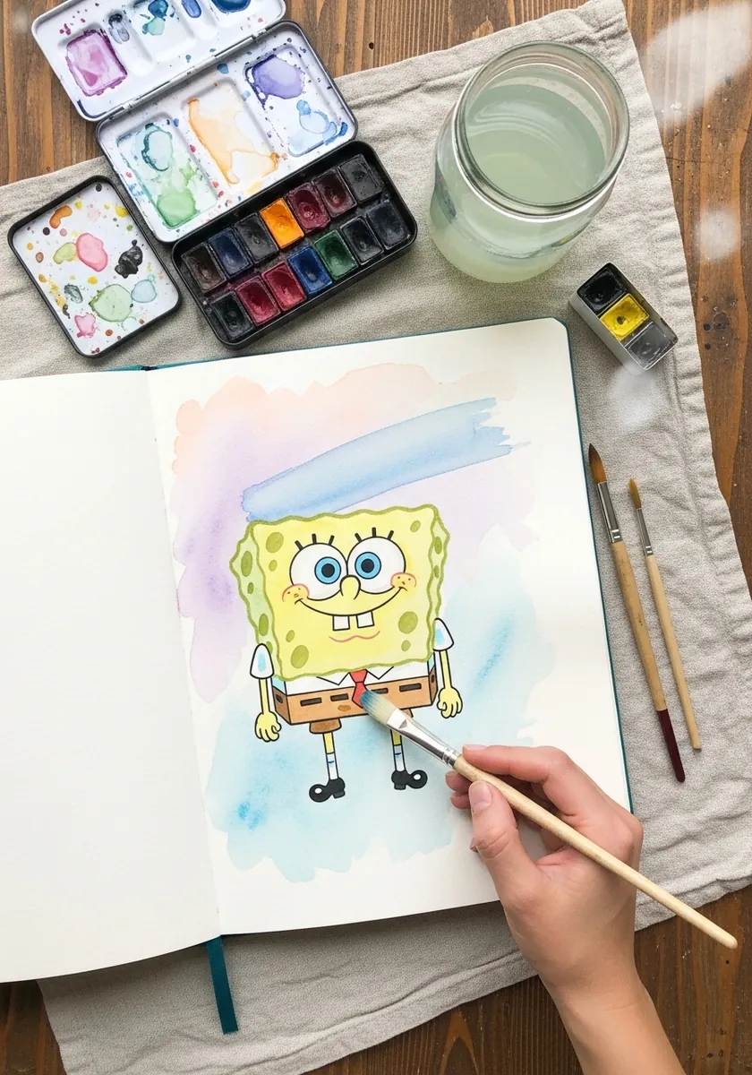 SpongeBob painted in gentle pastel watercolor washes on paper laid over a linen cloth