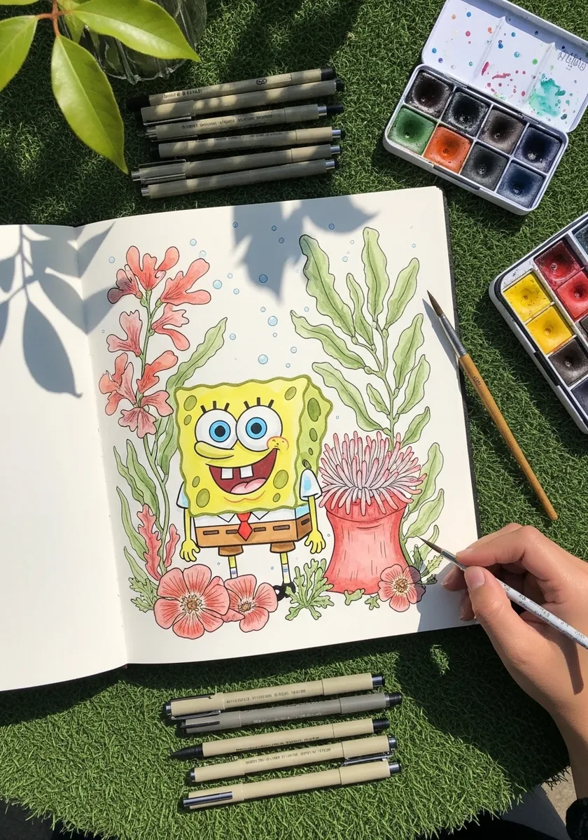 SpongeBob drawing framed by hand drawn seaweed, coral and anemones in colored pencil
