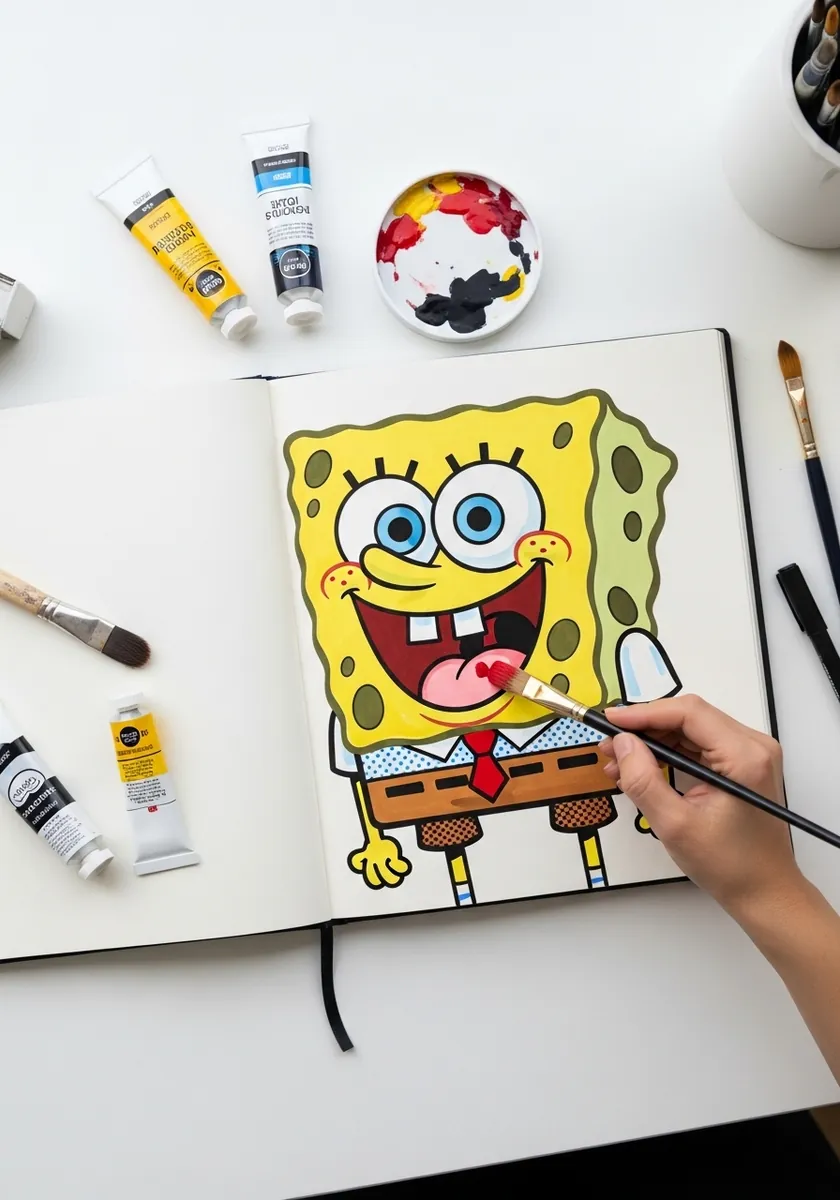 SpongeBob painted in flat acrylic color with paint tubes and a mixing palette beside the page