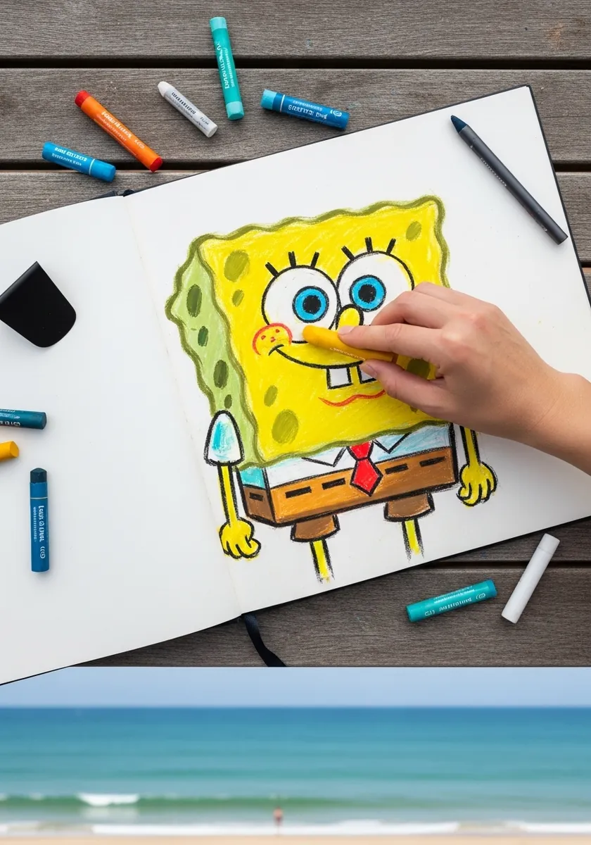 Marker drawing of SpongeBob on paper laid over a printed photo of a sandy beach and sea