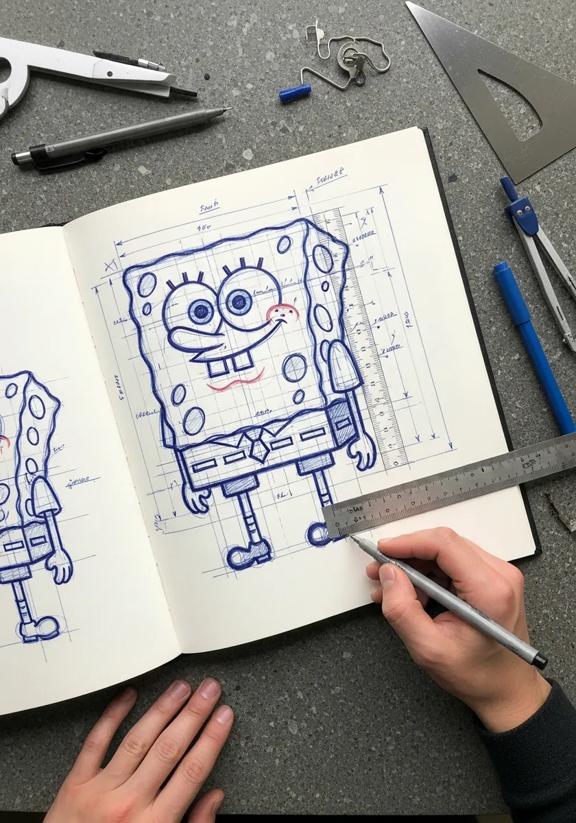 Blue technical drawing of SpongeBob with measurement lines and annotations in a sketchbook
