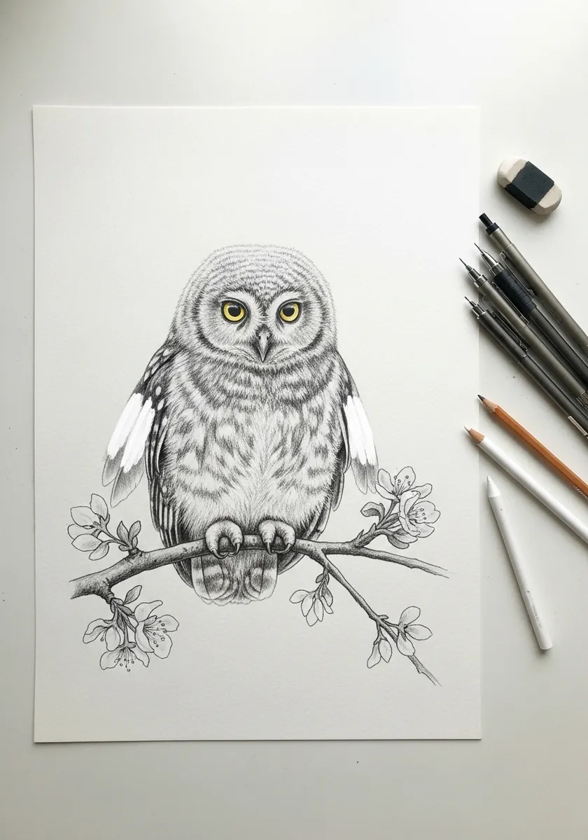 Artist drawing an owlet perched on a flowering branch in pencil