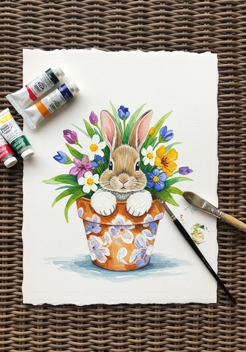 Artist painting a rabbit sitting in a decorated flower pot with spring flowers