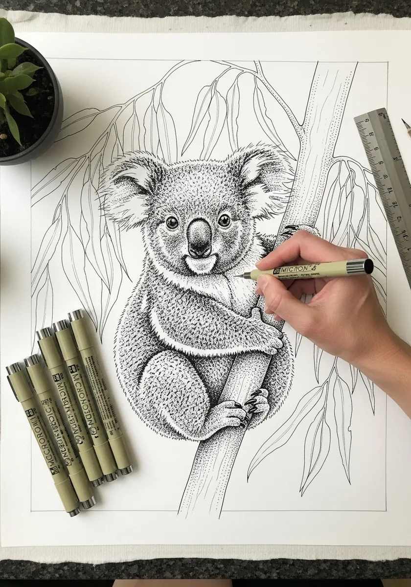Artist drawing a koala joey clinging to a eucalyptus branch in ink line