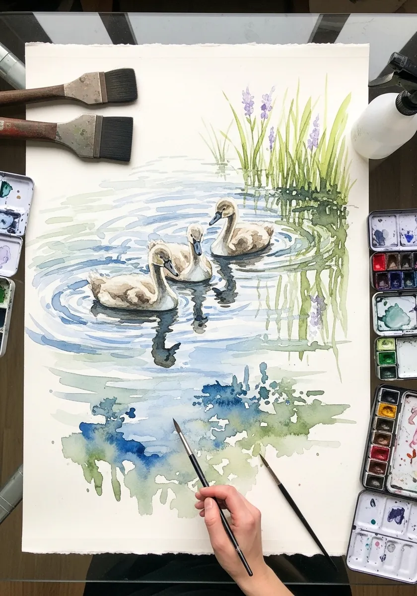Artist painting a line of goslings swimming through reeds in watercolor
