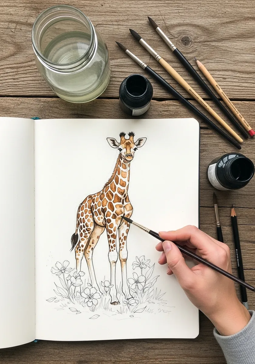 Artist drawing a giraffe calf in a sketchbook with flowers below