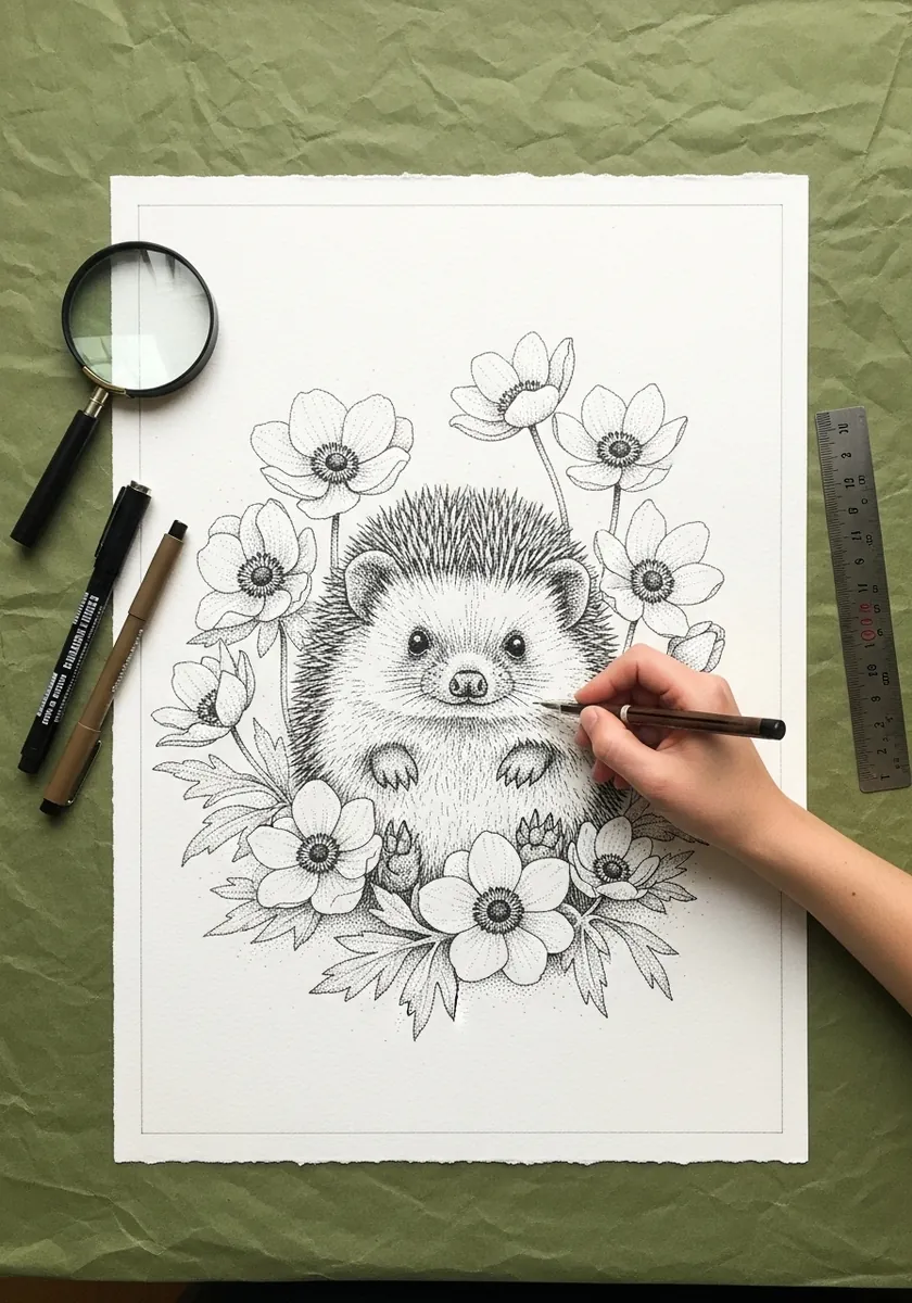 Artist drawing a hedgehog inside a ring of flowers on green paper