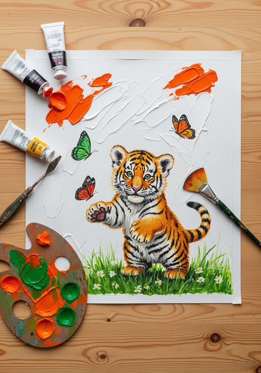 Artist painting a tiger cub playing among butterflies in acrylic