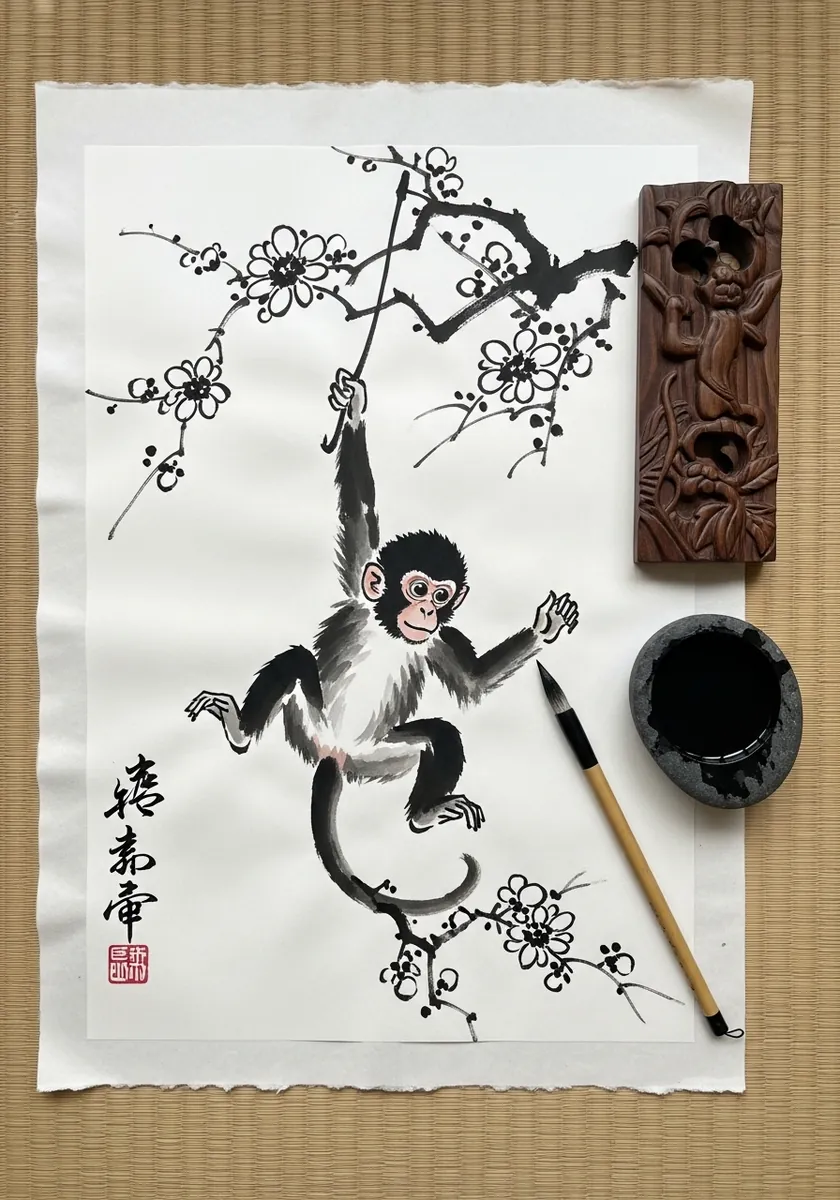 Artist painting a baby monkey hanging from a blossom branch in sumi-e