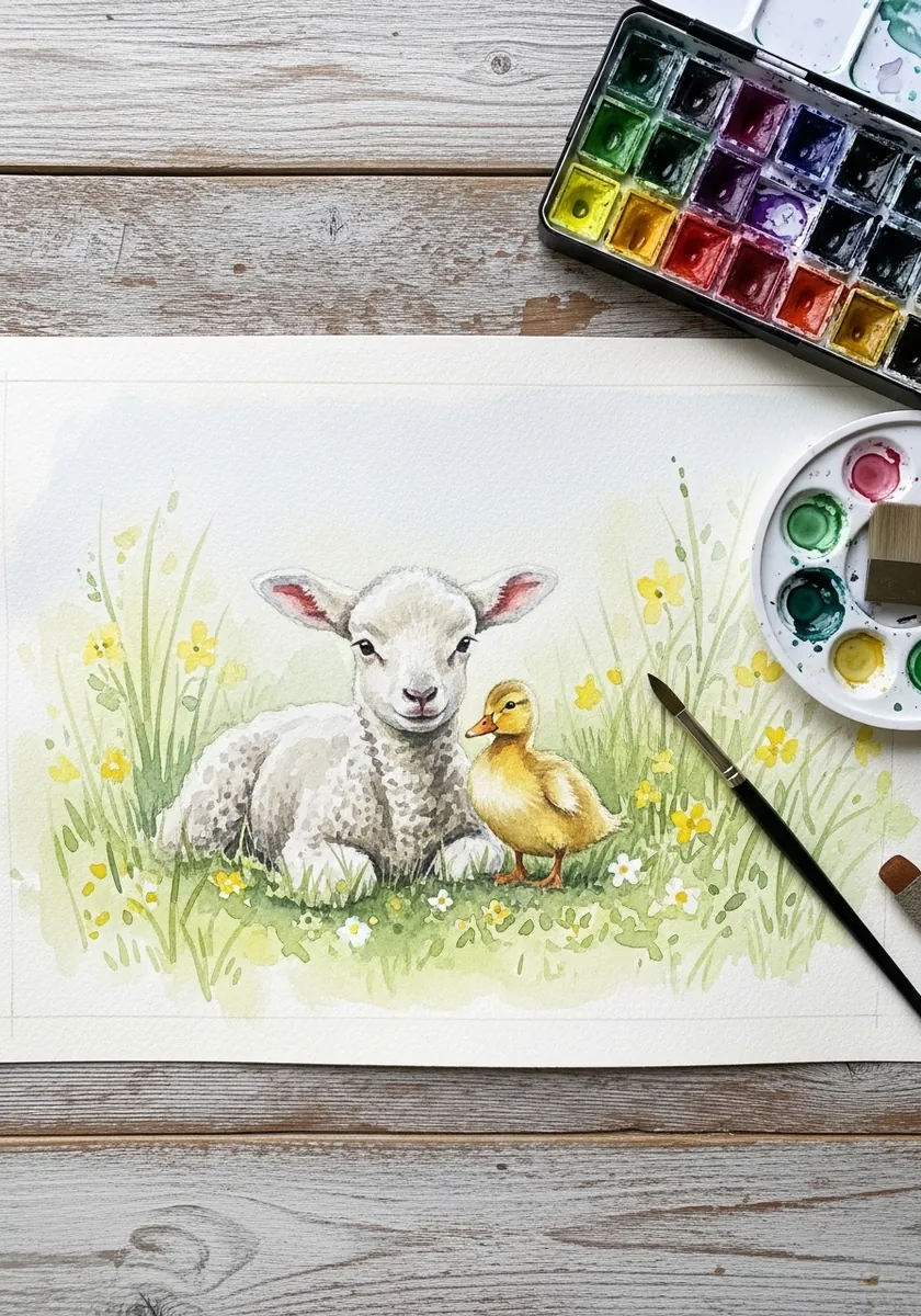 Artist painting a lamb lying in a meadow beside a duckling in watercolor