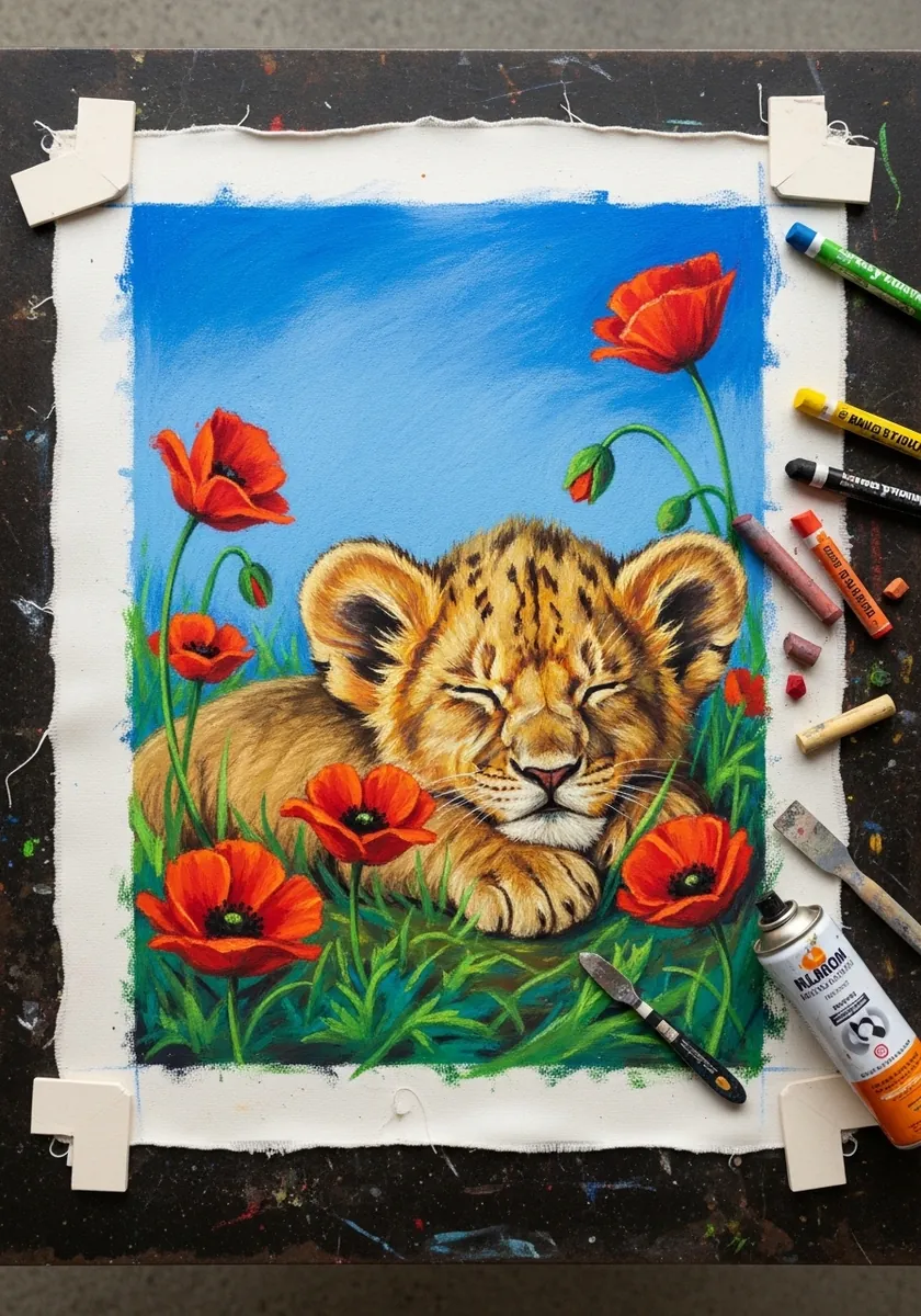 Artist painting two sleeping lion cubs among red poppies in pastel