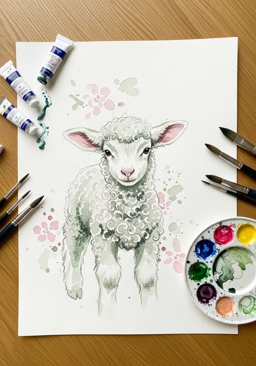 Artist painting a loose watercolor lamb with soft edges on tinted paper