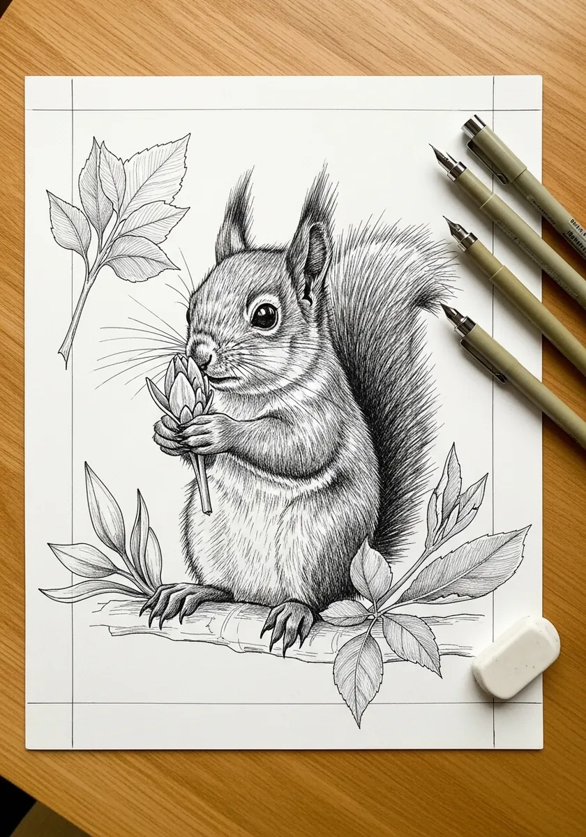 Artist drawing a young squirrel holding a leaf in graphite