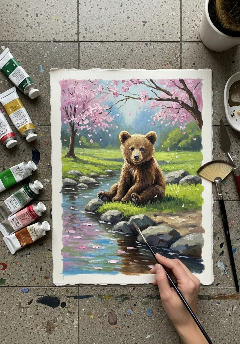Artist painting a bear cub sitting beside a stream under blossom