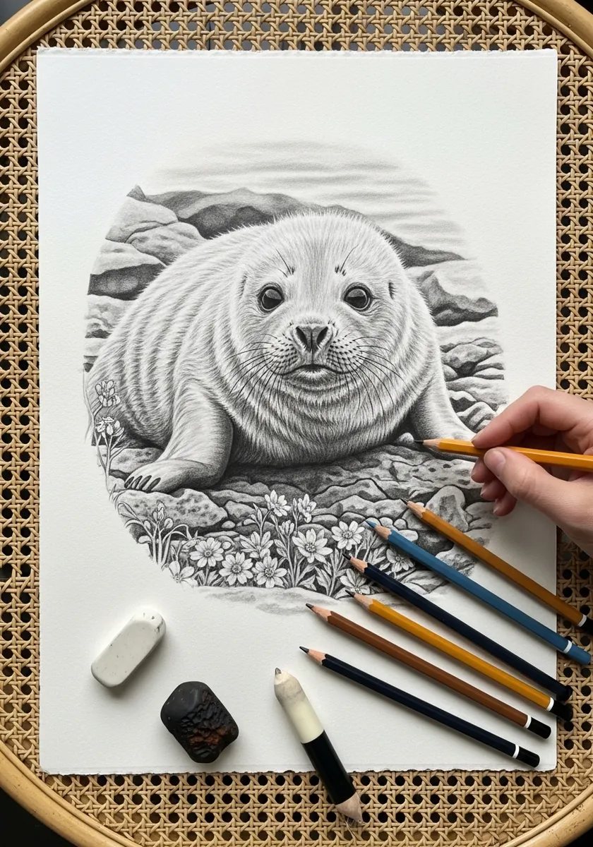 Artist drawing a white seal pup lying on rocks in detailed graphite