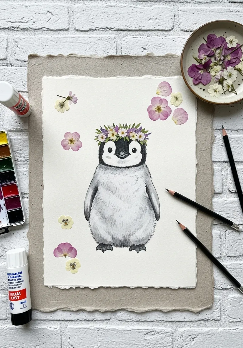 Artist drawing a penguin chick wearing a small flower crown