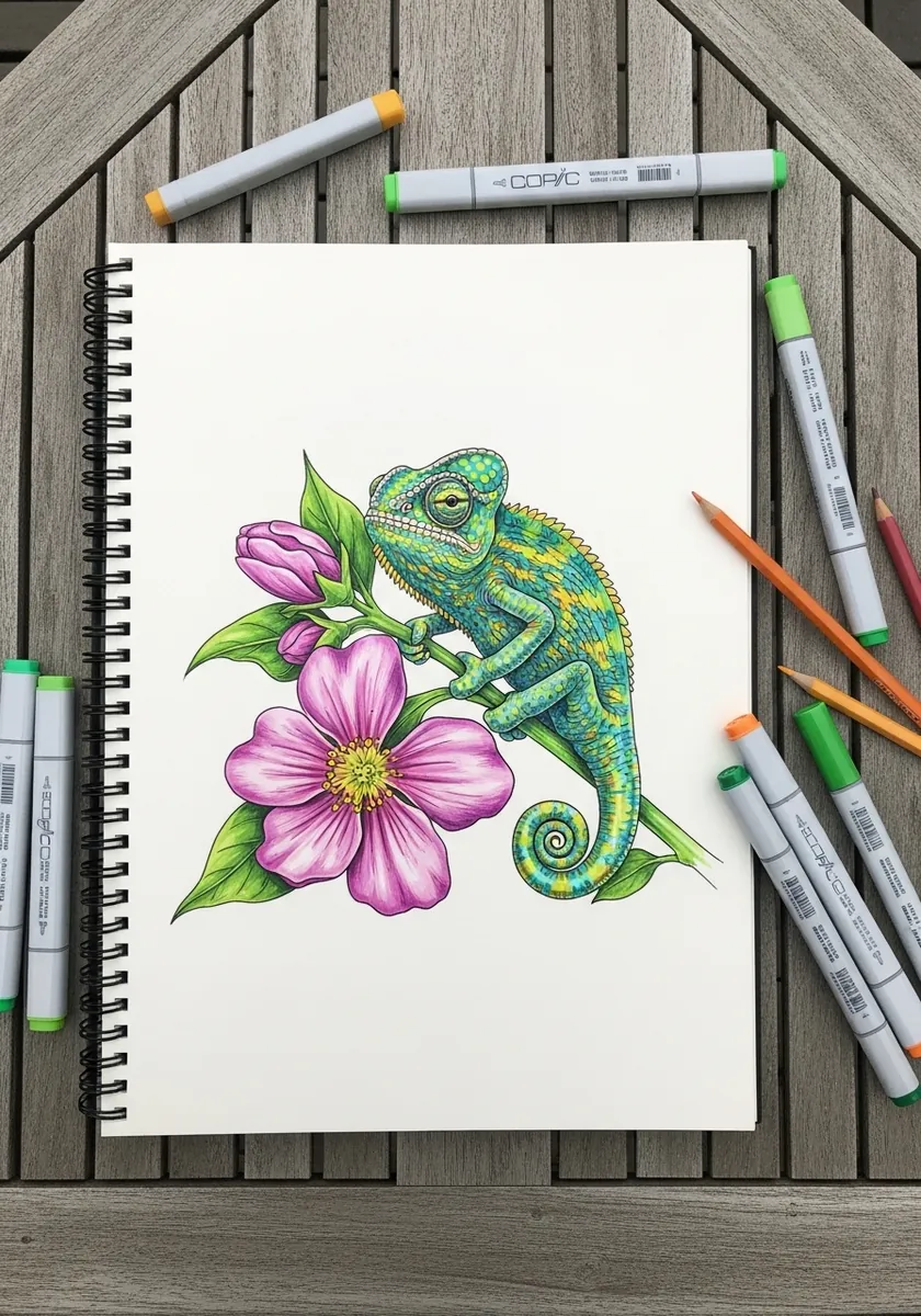 Artist coloring a young chameleon on a pink flower with markers