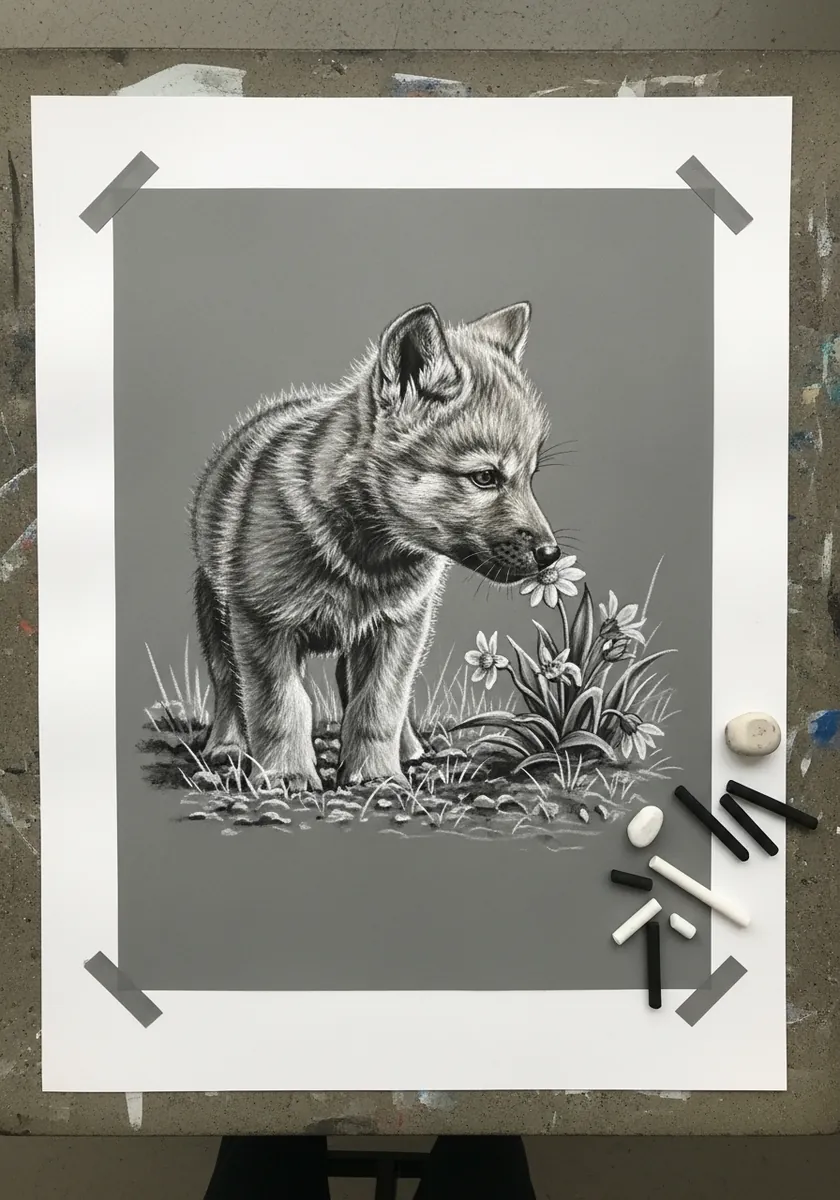 Artist drawing a wolf pup standing in grass in detailed graphite