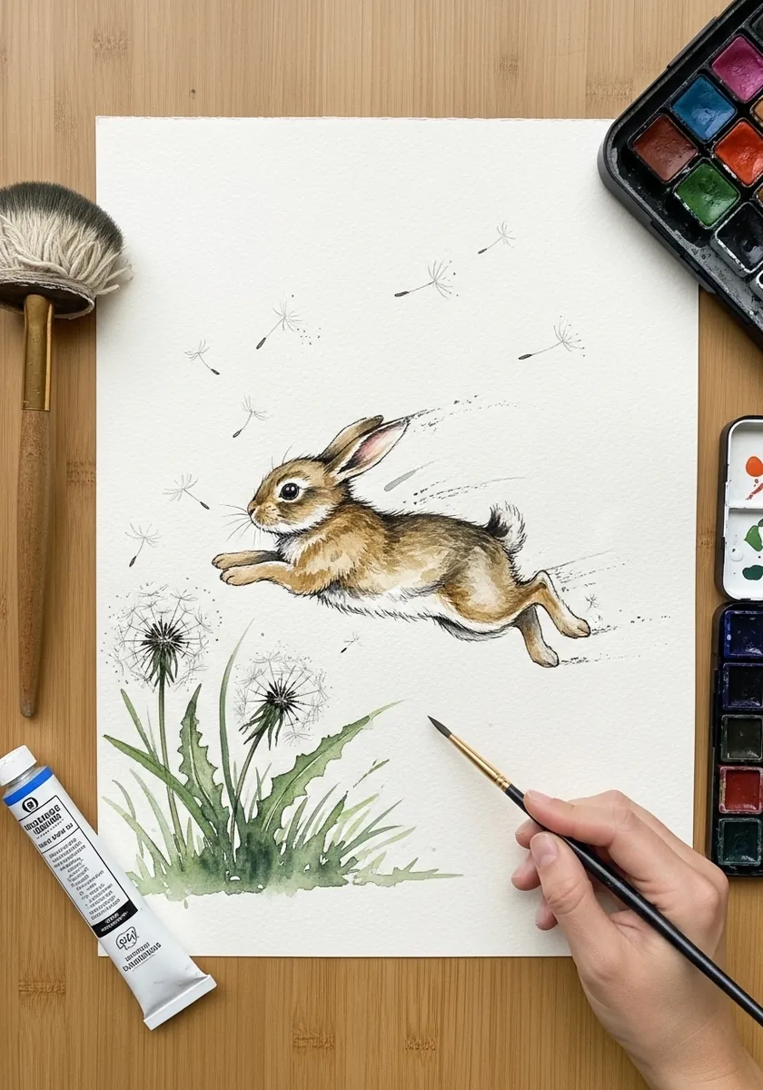 Artist painting a hare leaping past dandelion clocks in watercolor