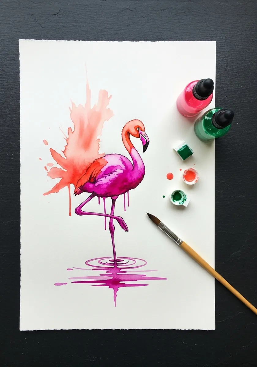 Artist painting a pink flamingo chick with loose ink splashes