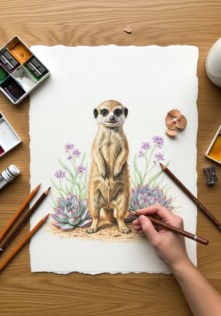 Artist painting a young meerkat standing upright among succulents