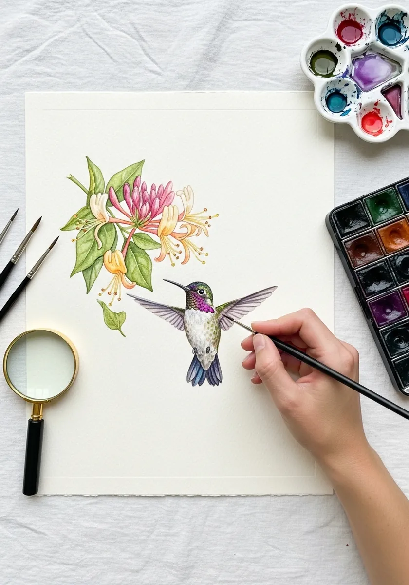 Artist painting a hummingbird feeding at honeysuckle in watercolor
