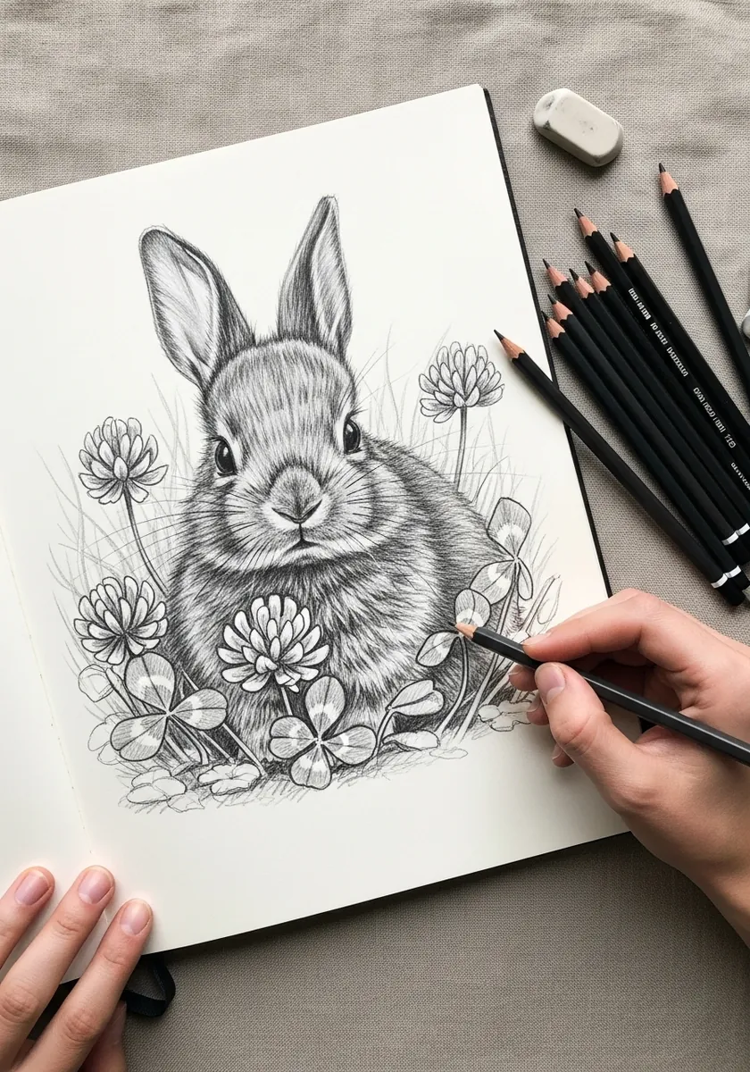 Artist drawing a detailed graphite rabbit surrounded by wildflowers