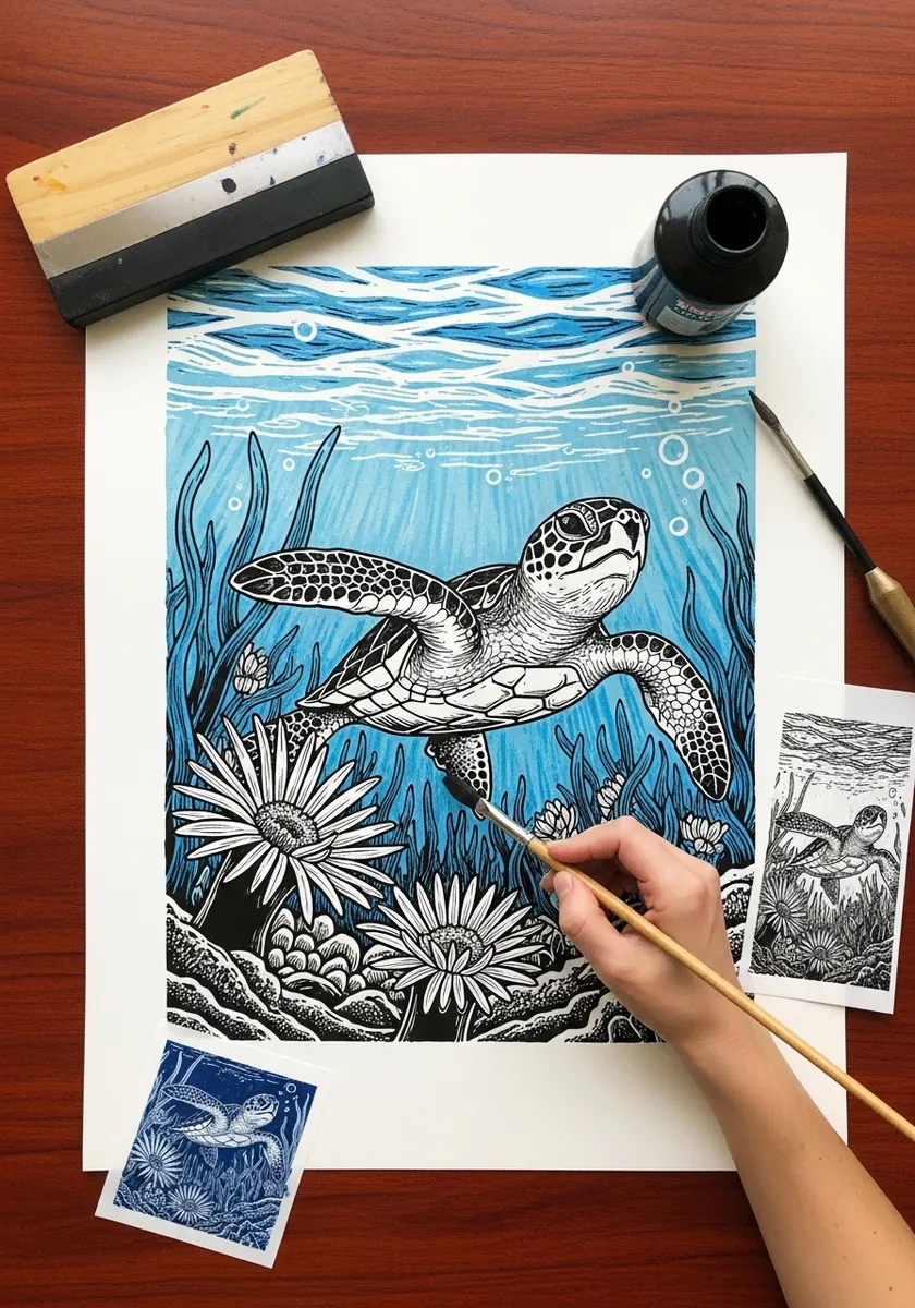 Artist painting a sea turtle hatchling in bold blue cut paper style
