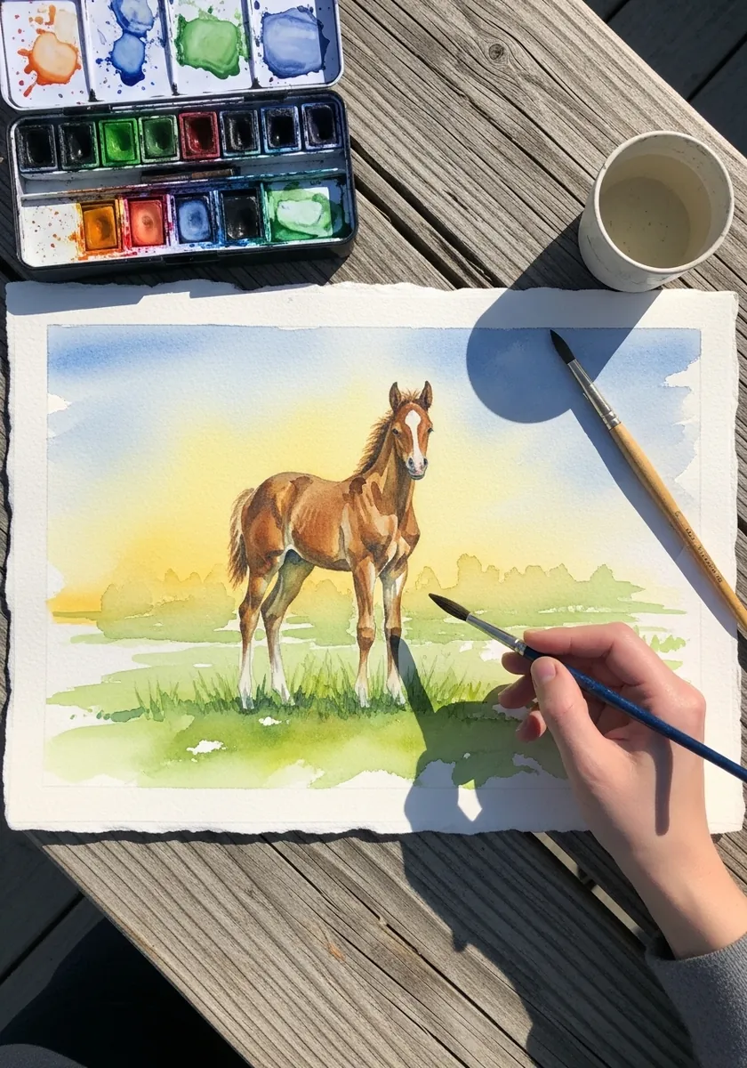 Artist painting a foal standing in a field at sunrise in watercolor
