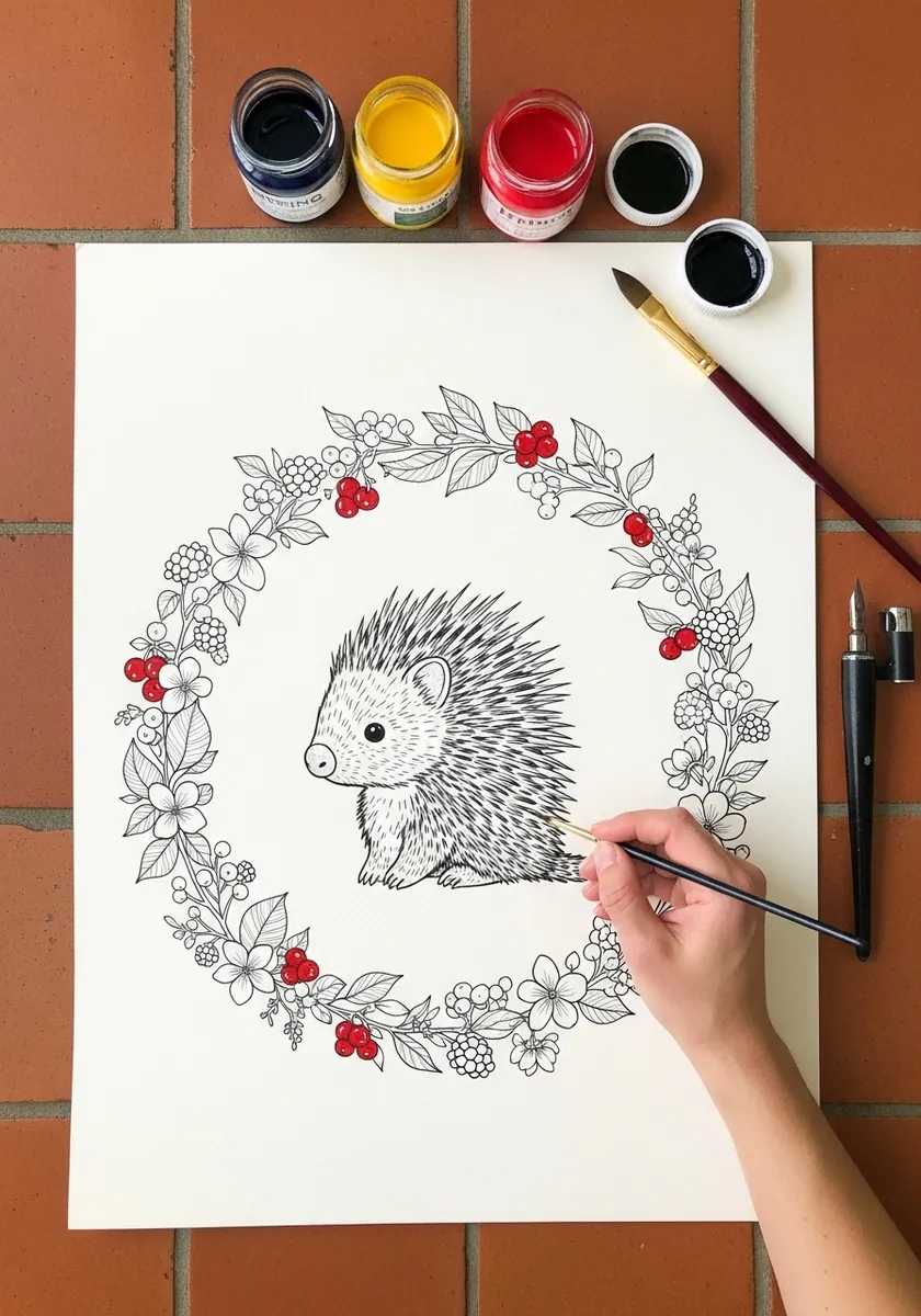 Artist drawing a hedgehog inside a floral wreath in fine line work