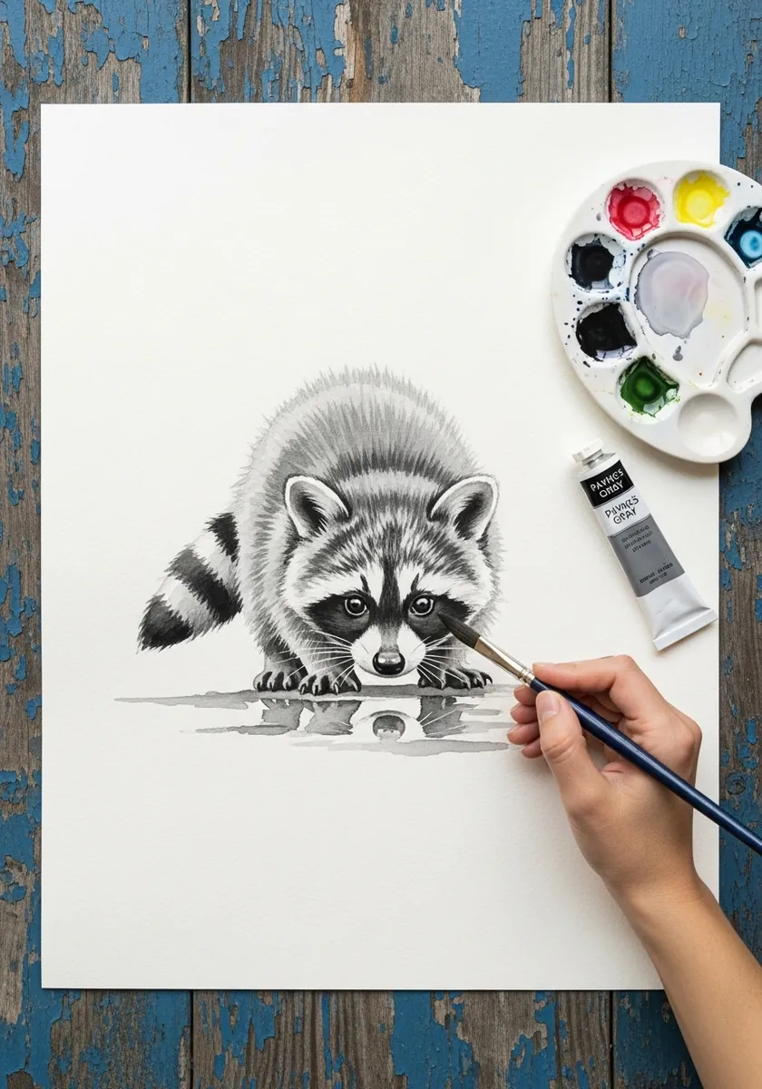 Artist drawing a raccoon kit reaching into water in graphite