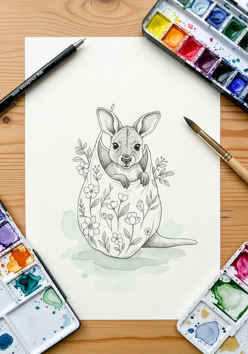 Artist drawing a kangaroo joey in a decorative floral pouch in line