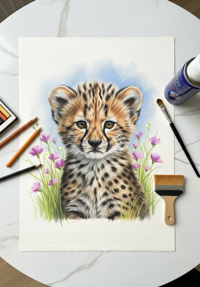 Artist drawing a cheetah cub portrait in colored pencil with soft mane