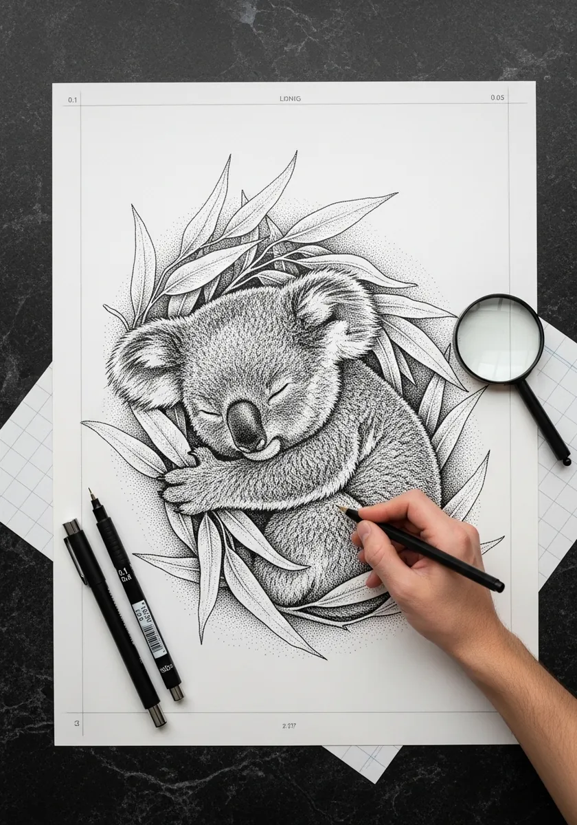 Artist drawing a sleeping koala curled in eucalyptus in graphite