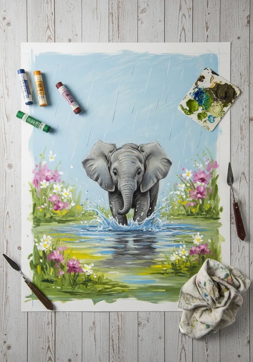 Artist painting an elephant calf standing at a pond edge in pastel
