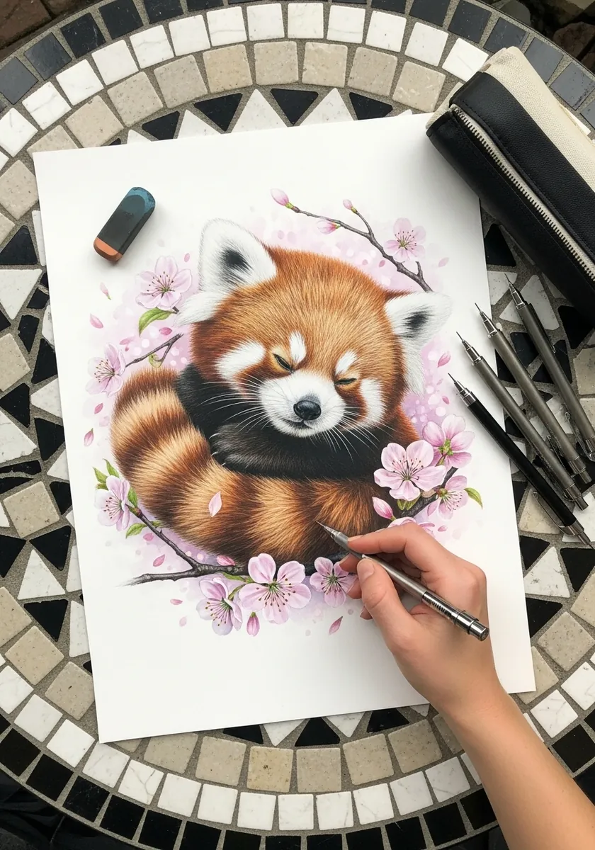 Artist painting a red panda cub curled on a blossom branch