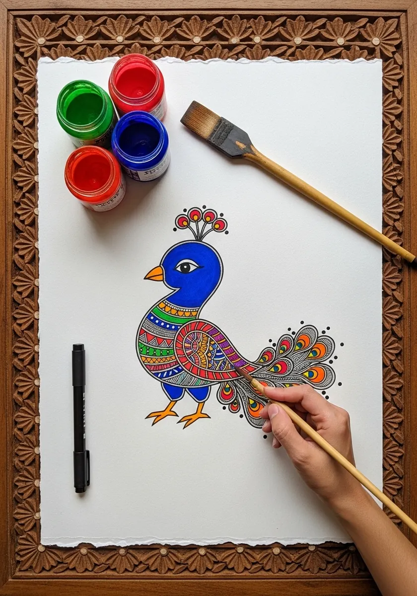 Artist painting a decorative folk art bird in bright gouache