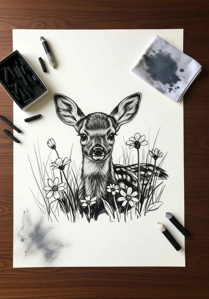 Artist drawing a fawn among wildflowers in fine black ink