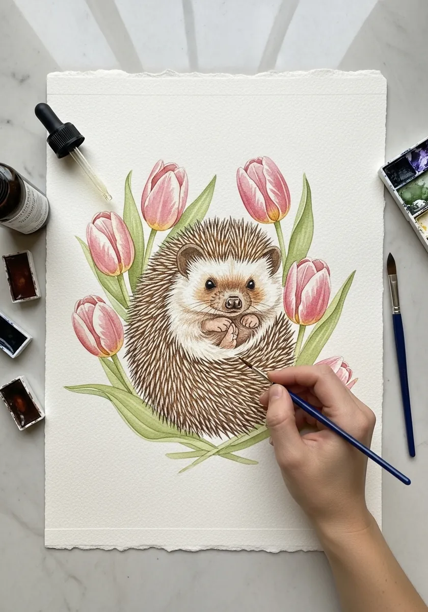 Artist painting a hedgehog surrounded by pink tulips in watercolor