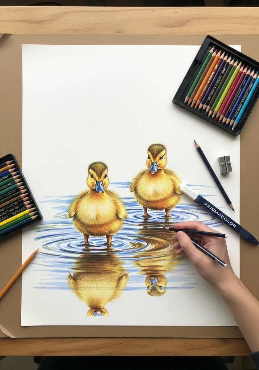 Artist coloring two ducklings floating on water with their reflections