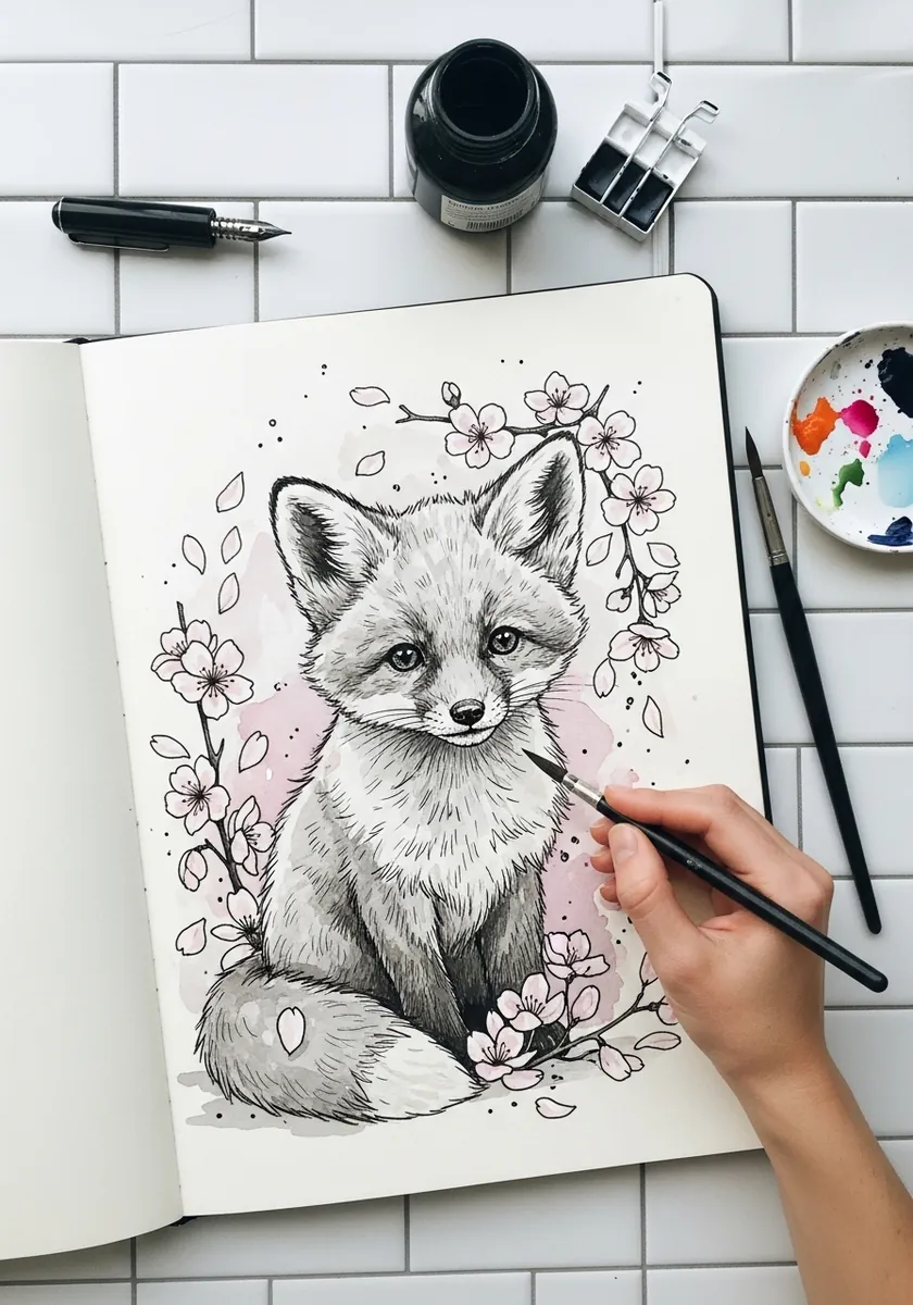 Artist drawing a fox cub surrounded by cherry blossom in ink and pencil